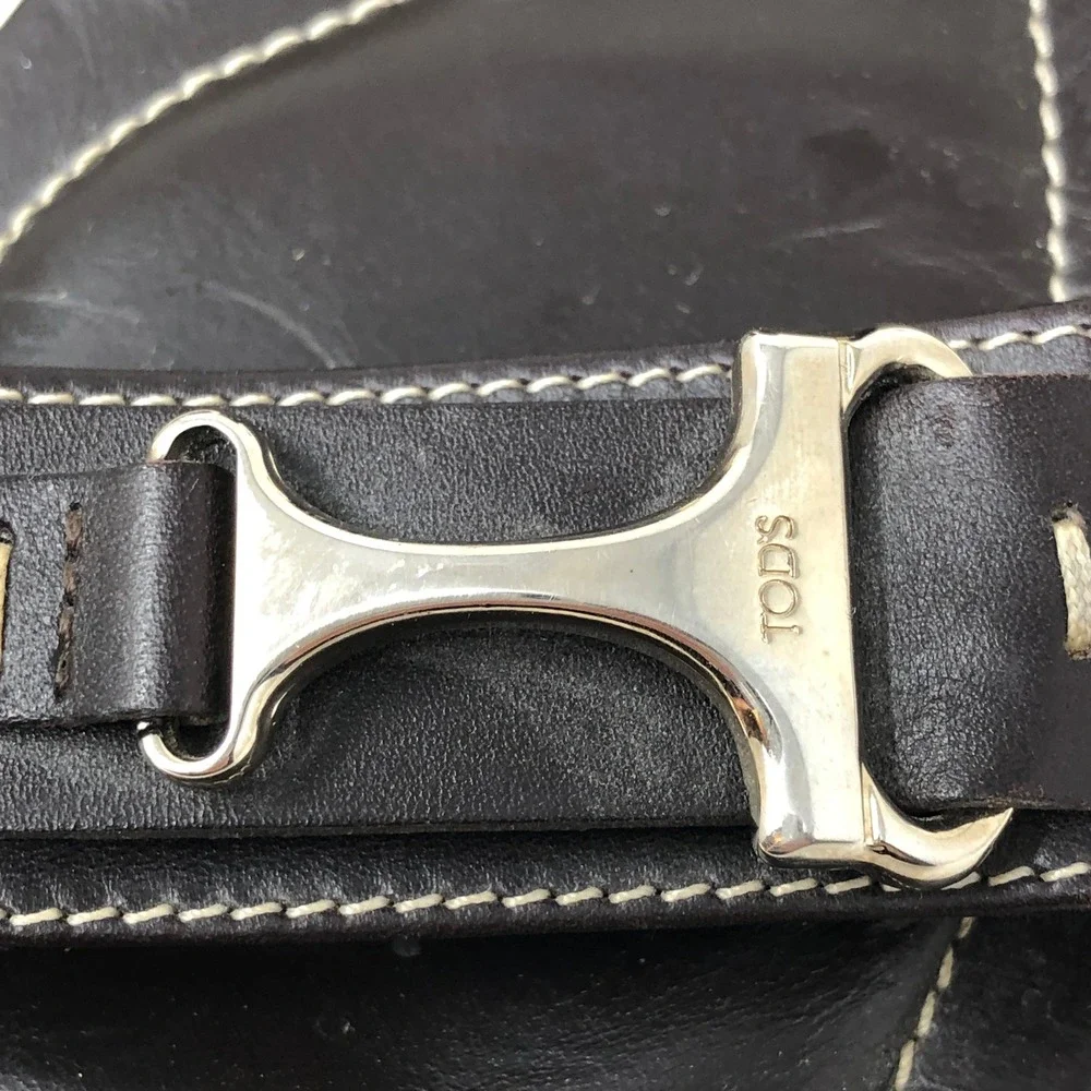 Tods Womens 38 Sandals Black Leather Ankle Strap Silver T-Bar Hardware Flat